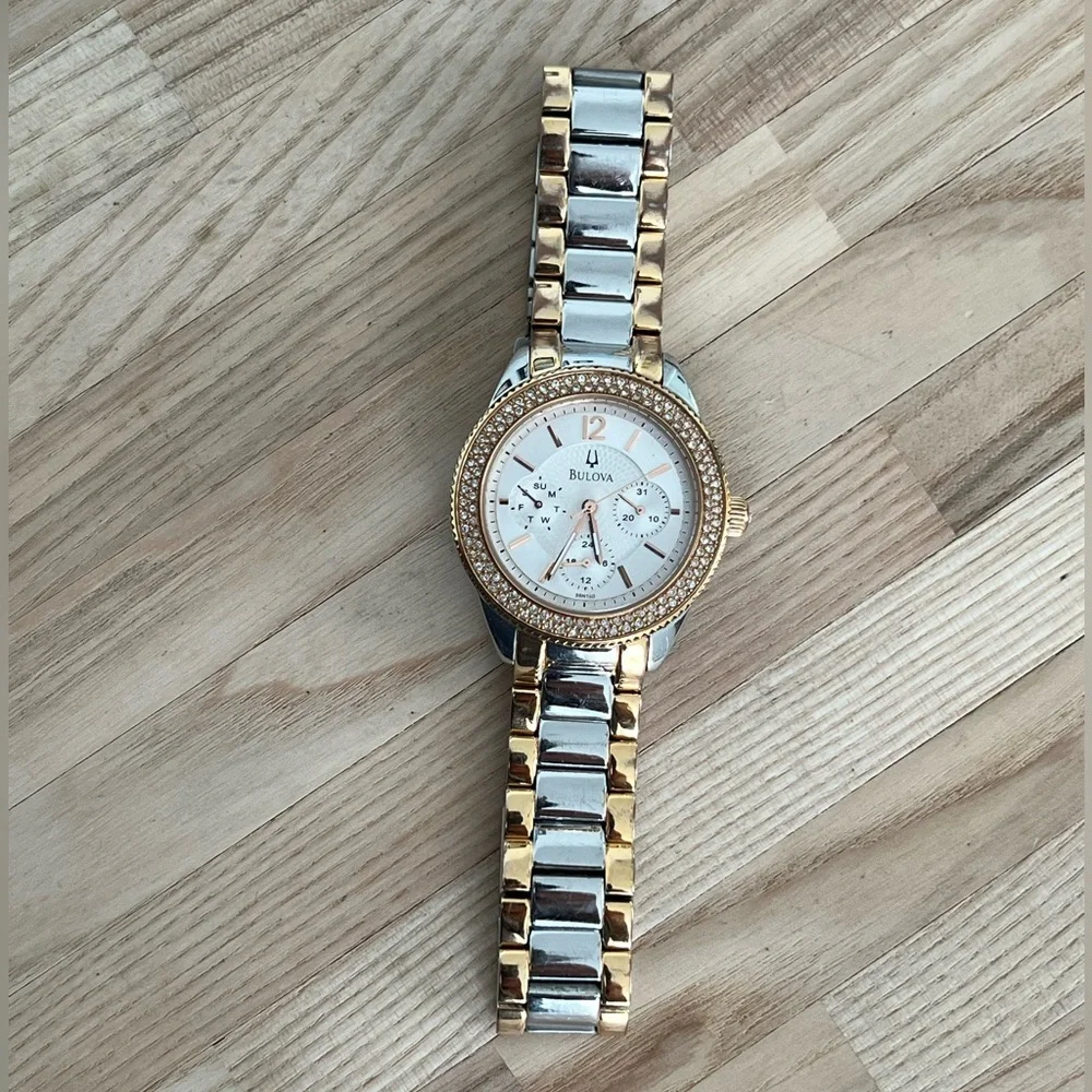 Bulova Ladies Watch Rose and Stainless Bracelet White Dial Day Date Dials